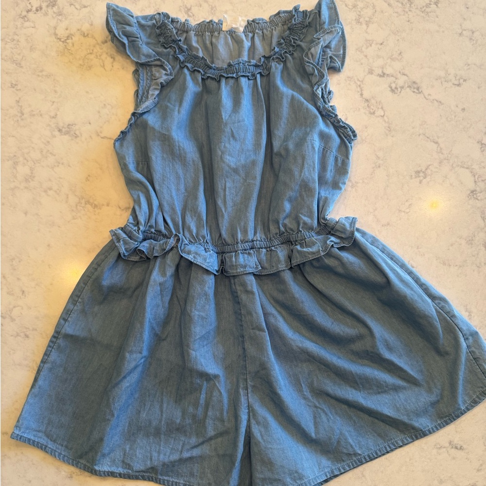 Crewcuts Girls Blue Chambray Romper with Ruffle Details
